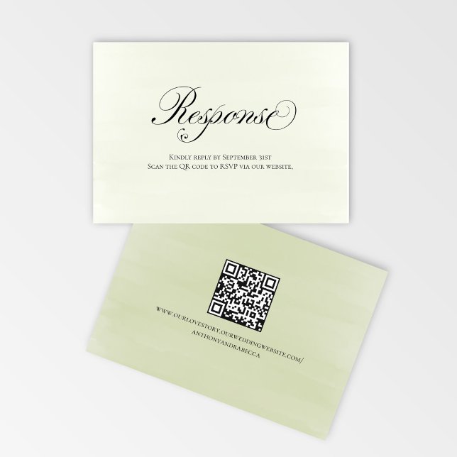 Script de Resposta de Casamento com Código QR Flor (Elegant sage green floral RSVP card with QR code for easy online responses)