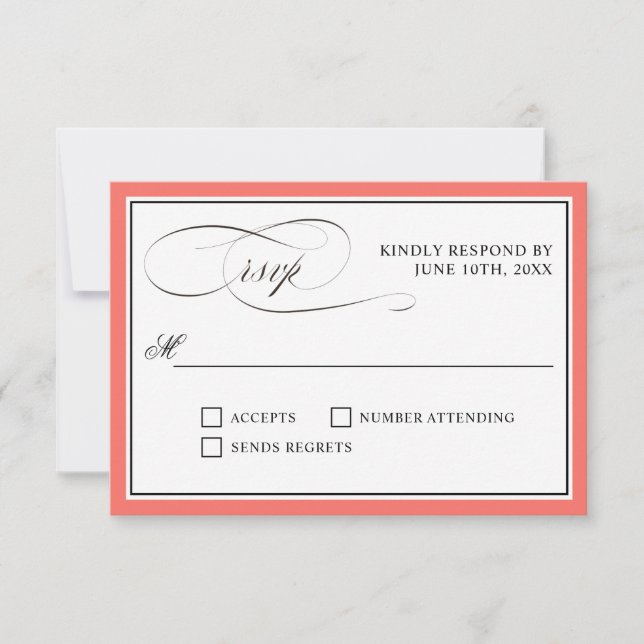 Script Elegante floresce a borda coral RSVP (Frente)