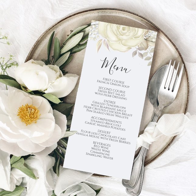 Script Floral Branco do Menu Casamento Elegante (Wedding menu card with calligraphy script and elegant foliage.)