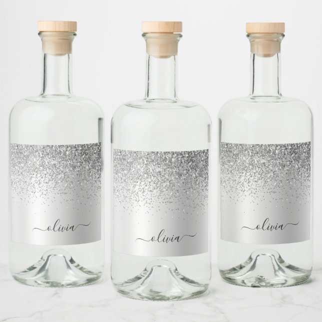 Script Girly Sparkle Glitter Monograma de Silver (Garrafas)