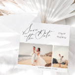 Script Minimalista Elegante 2 Foto Salvar A Data<br><div class="desc">Esta design maravilhosa combina simplicidade com elegância, criando um eterno e um anúncio sofisticado para o seu próximo casamento. O fundo branco limpo serve como a canvas perfeita para a bela tipografia da escrita, que destaca seus nomes e data de casamento de uma forma minimalista e na moda. Adicione um...</div>