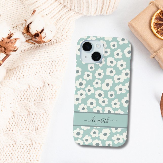 Script Monograma Boho Verde Branco Cinza Floral  (Mint Green White Gray Floral Boho Monogrammed name iPhone case)