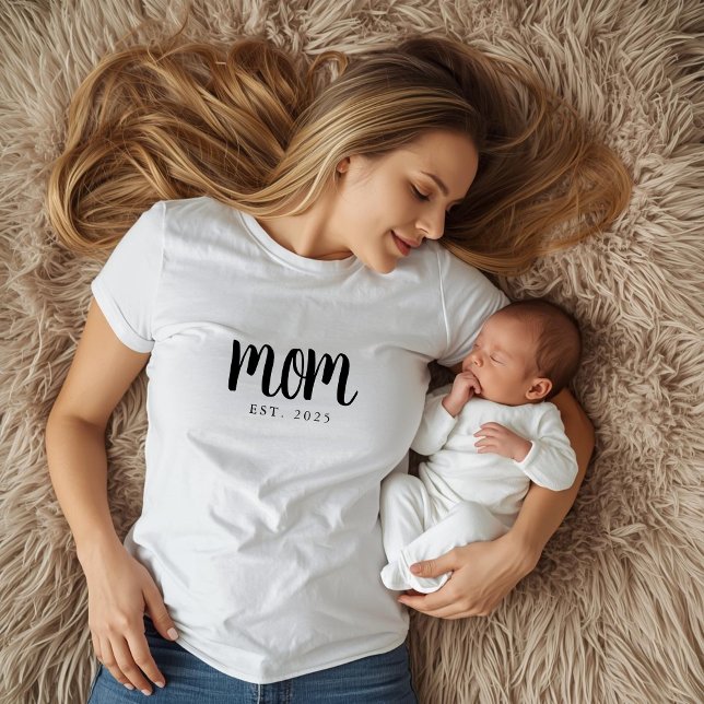 Script Preto Estabelecido para Camiseta Mãe (custom mom tshirt with established date for new mom or mothers day christmas gifts ideas)