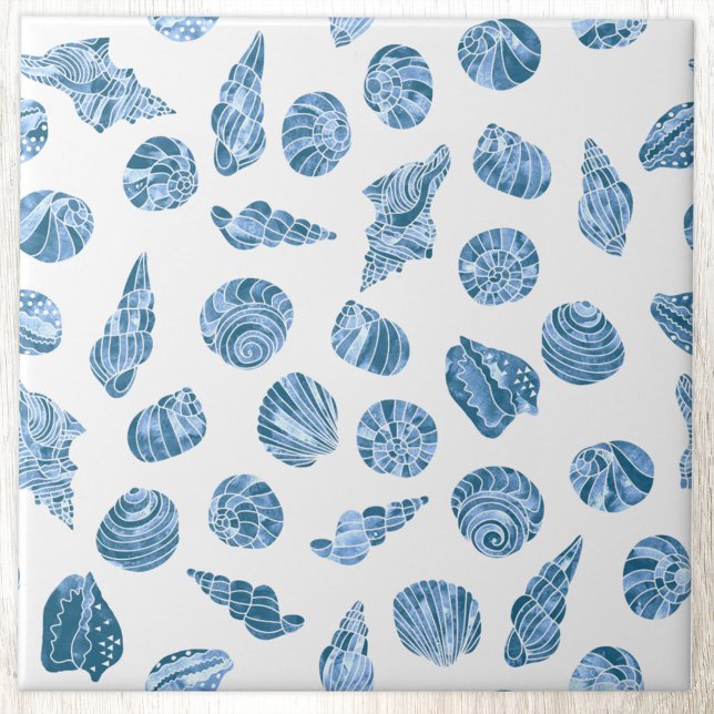 Sea Shell Watercolor Nautical Coastal Blue (Sea shell watercolor nautical coastal pattern blue and white ceramic tile)