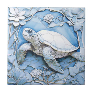Sea Turtle Art Nouveau Faux Alivio Blue Ocean Life