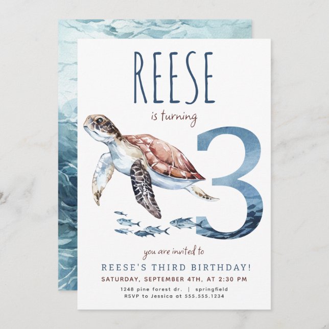 Sea Turtle Terceiro Convite de Aniversário (Frente/Verso)