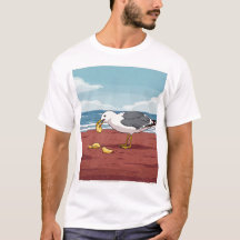 Seagull comendo um chip na camiseta PEI Beach