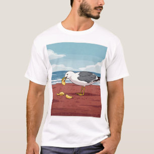 Seagull comendo um chip na camiseta PEI Beach