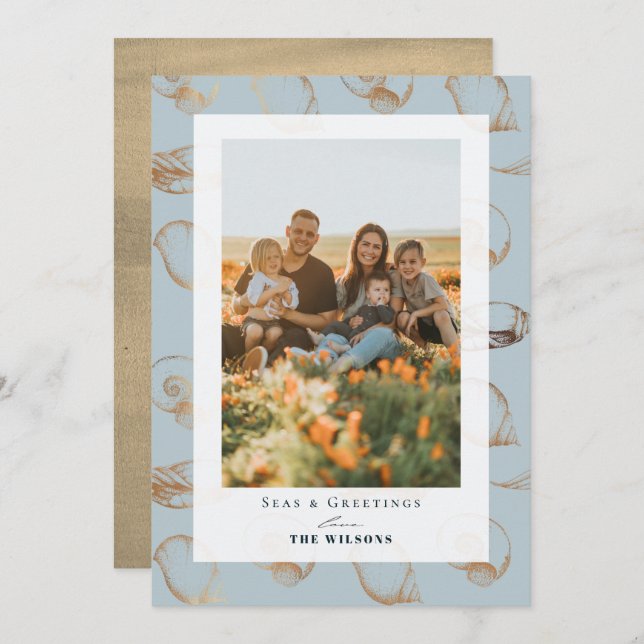 Seas e saudações Cartão com fotos de Férias Azul d (Frente/Verso)