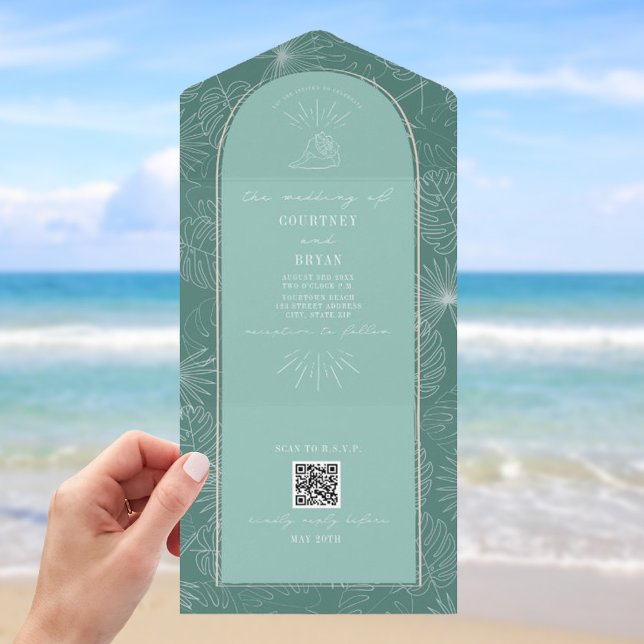 Seashell Palm Aqua Beach Weding QR Code RSVP (Criador carregado)