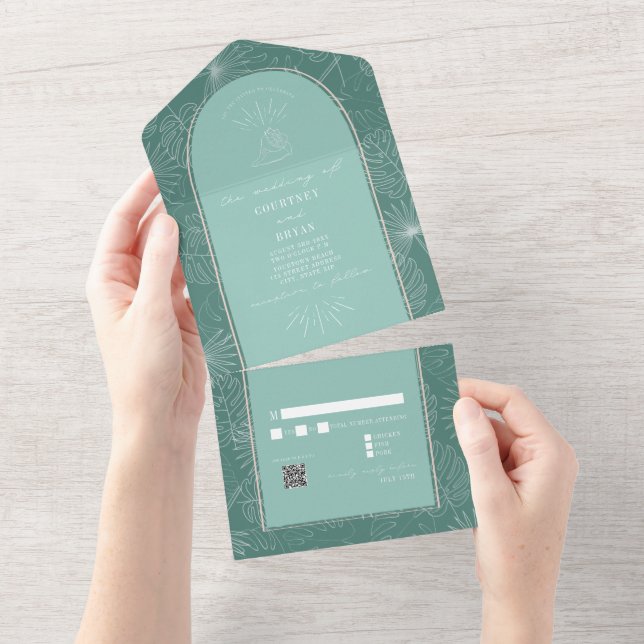 Seashell Palm Aqua Beach Weding QR RSVP (Tearaway)