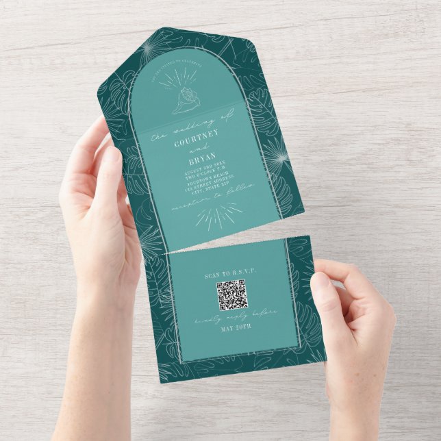 Seashell Palm Teal Beach Casamento QR Code RSVP (Aba destacável)