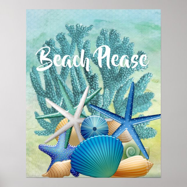 Seashells, Starfish and Coral BEACH PLEASE Poster (Frente)
