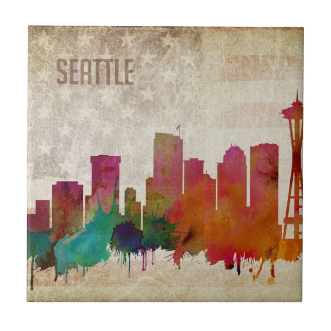 Seattle, skyline da cidade da aguarela de WA | (Frente)