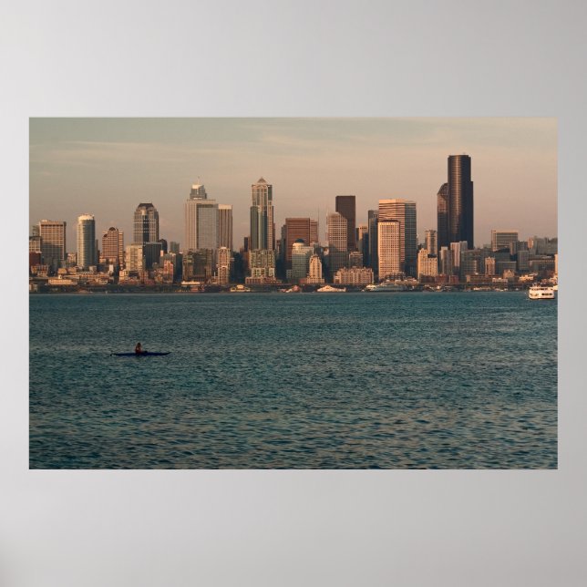 Seattle Skyline no Sunset com Kayaker Impressão (Frente)