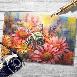 Seda Abelhas em Flores Vibrantes 3 Papel Tecido de Deco