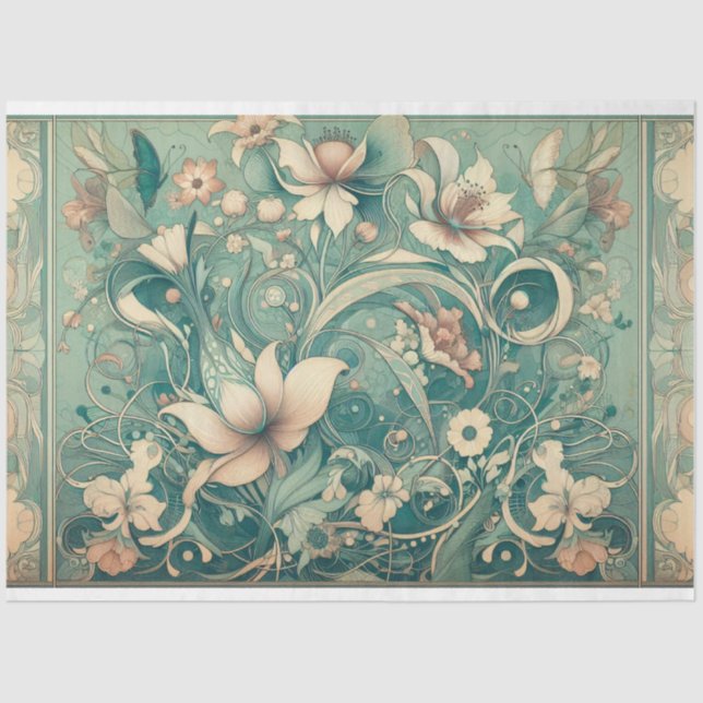 Seda Art Nouveau Papel Tecido de Decoupage Floral (Frente )