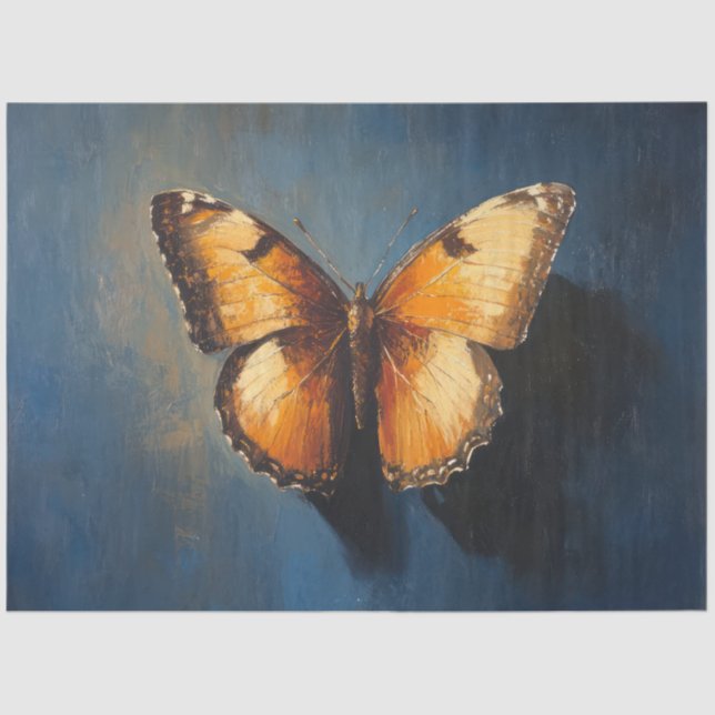 Seda Borboleta ouro no Papel de Decoupage Azul Escuro (Frente )