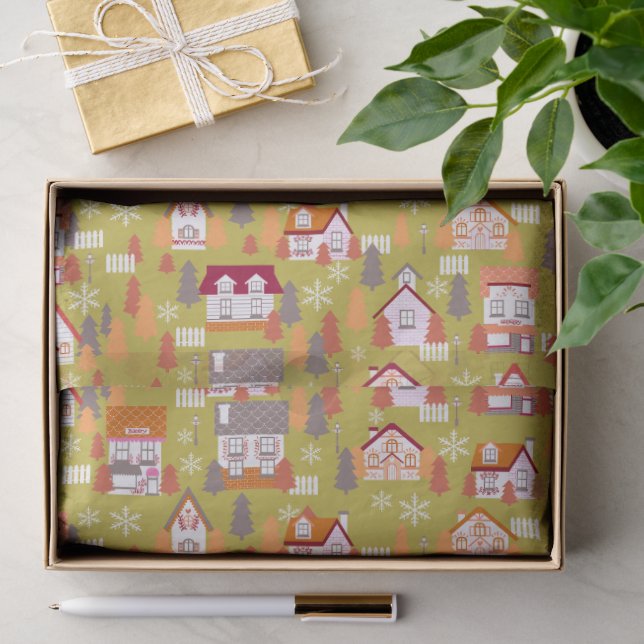 Seda Casas de Natal Papel de embrulho verde (Presente)