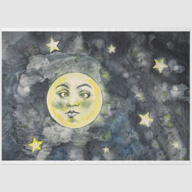 Seda Engraçado Lua Estrelas Céu Papel Tecido de Decoupa (Frente )