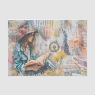 Seda Estilo de Colagem de Leitura de Rapariga Papel de 