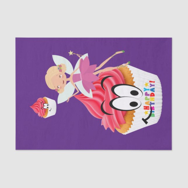 Seda Feliz Aniversário Fada de Cupcake de Papel Tecido (Frente )