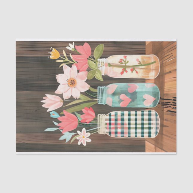 Seda Flores de primavera em Papel Tecido Mason Jars (Frente )