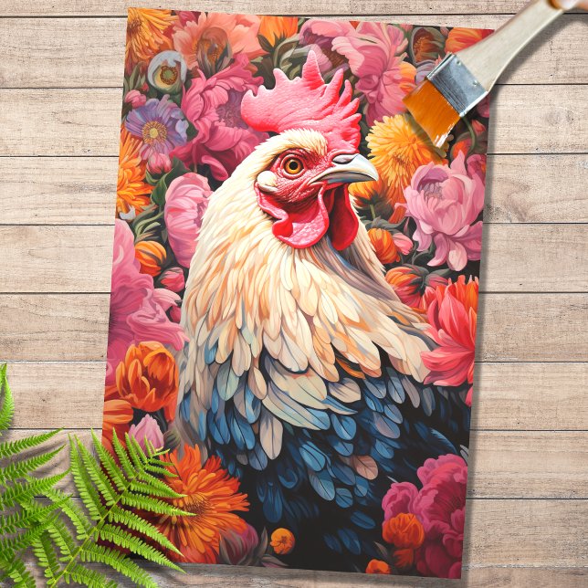 Seda Galinha em Flores 4 Papel de Decoupage (Criador carregado)