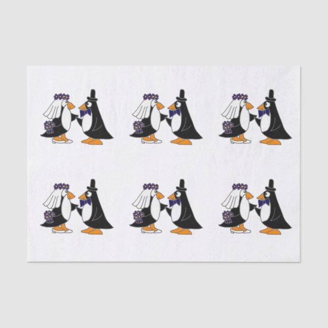 Seda Lenço de papel do casamento dos noivos do pinguim (Frente )