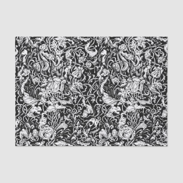 Seda Lenço de papel preto e branco do jardim grotesco (Frente )