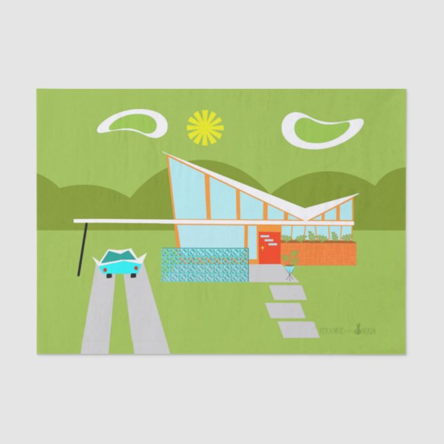 Seda Lenço de papel retro da casa do Palm Springs (Frente )