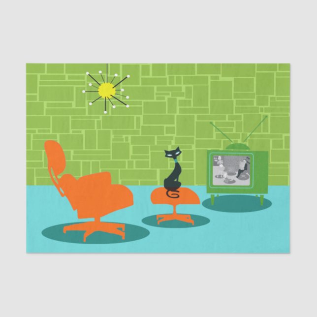 Seda Lenço de papel retro do gatinho da era espacial (Frente )