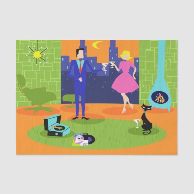 Seda Lenço de papel romântico retro do casal da noite (Frente )