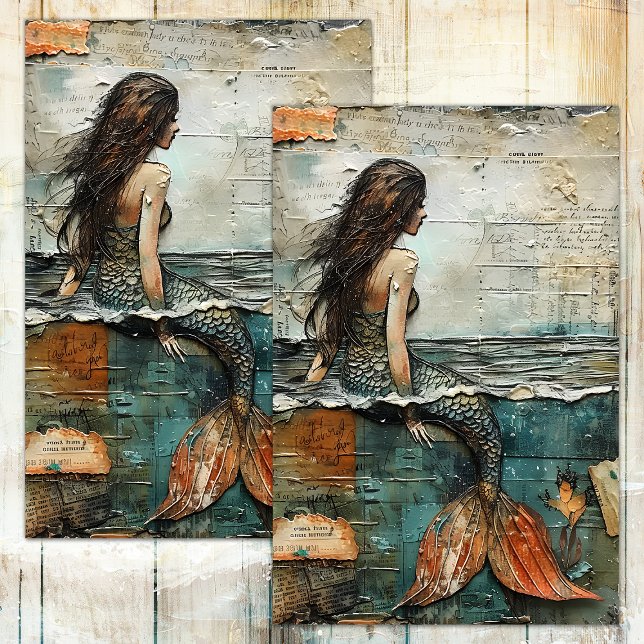 SEDA MERMAID EM PAPEL DE TECIDO DE DECOUPAÇÃO DE MÍDIA  (MERMAID IN MIXED MEDIA DECOUPAGE TISSUE PAPER)