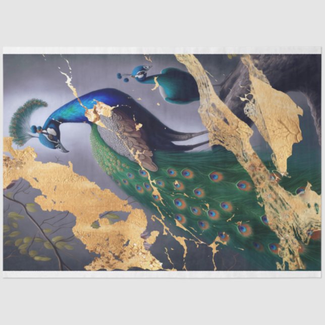 Seda O Papel de Decoupage do Tecido de Peacock do Ouro (Frente )