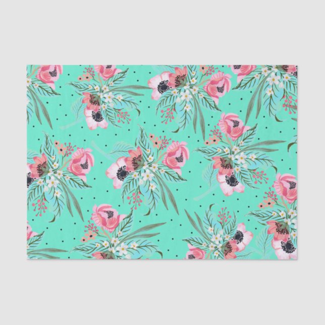 Seda Padrão Floral de Summery - Papel Tecido Teal (Frente )