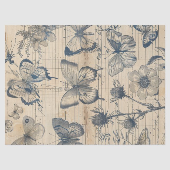 Seda Papel antigo com rosas de borboletas de tinta mono (Frente )