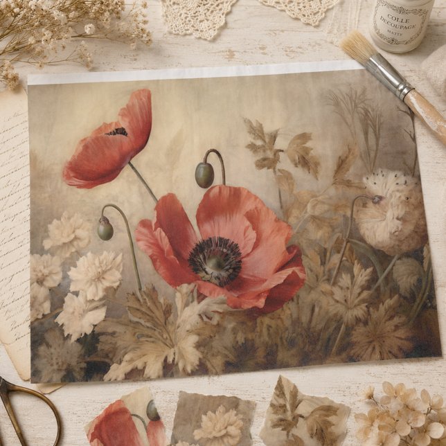 Seda Papel de Decoupage Botânico de Papoula Vermelha Vi (Criador carregado)