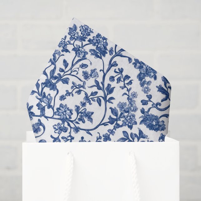 Seda Papel de Decoupage Chinoiserie, Floral Azul Branco (Sacola de presentes)