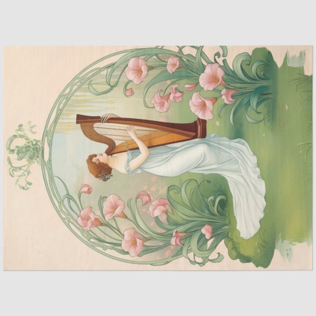 Seda Papel de Decoupage Dama Art Nouveau com Harpa (Frente )