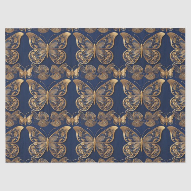 Seda Papel de Decoupage de Borboletas Douradas em Azul  (Frente )