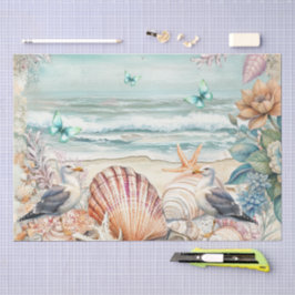 Seda Papel de Decoupage de Flores Costeiras com Gaivota