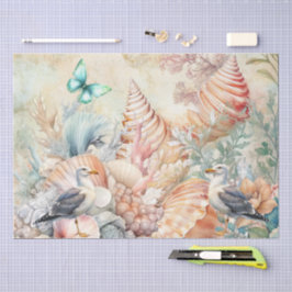 Seda Papel de Decoupage de Flores Costeiras com Gaivota