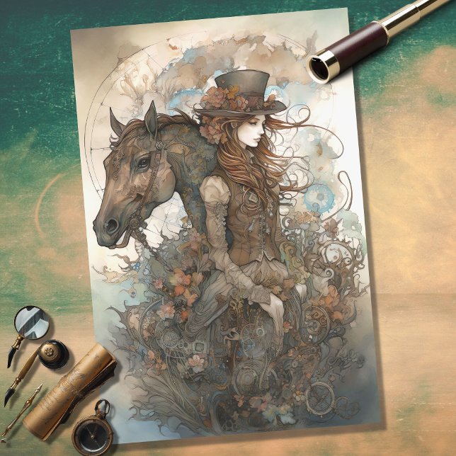 Seda Papel de Decoupage de Menina e Cavalo Steampunk 6 (Criador carregado)
