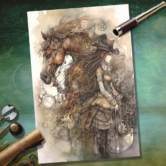 Seda Papel de Decoupage de Rapariga e Cavalo Steampunk 
