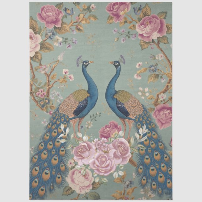 Seda Papel de Decoupage de Tecido de Dois Pavões Elegan (Frente )