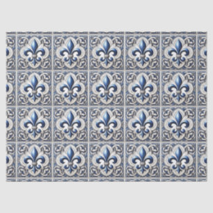 Seda Papel de Decoupage Flor de Lis em Azul e Branco Pa