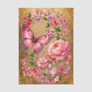 Seda Papel de Decoupage Floral Borboleta Rosa Elegante 