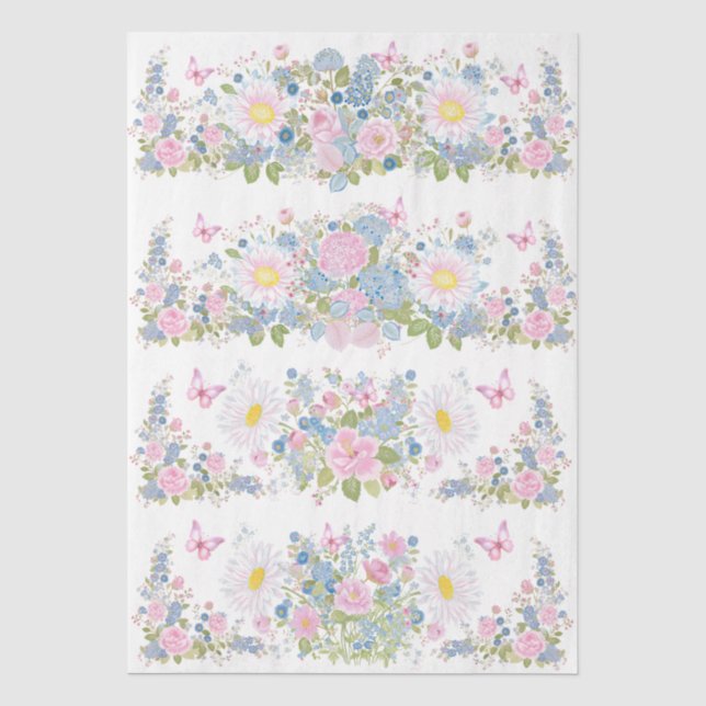 Seda Papel de Decoupage Floral e Borboleta Rosa e Azul (Frente )