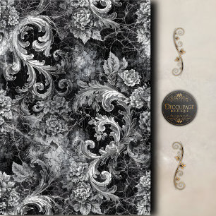 Seda Papel de Decoupage Floral em Preto e Prata